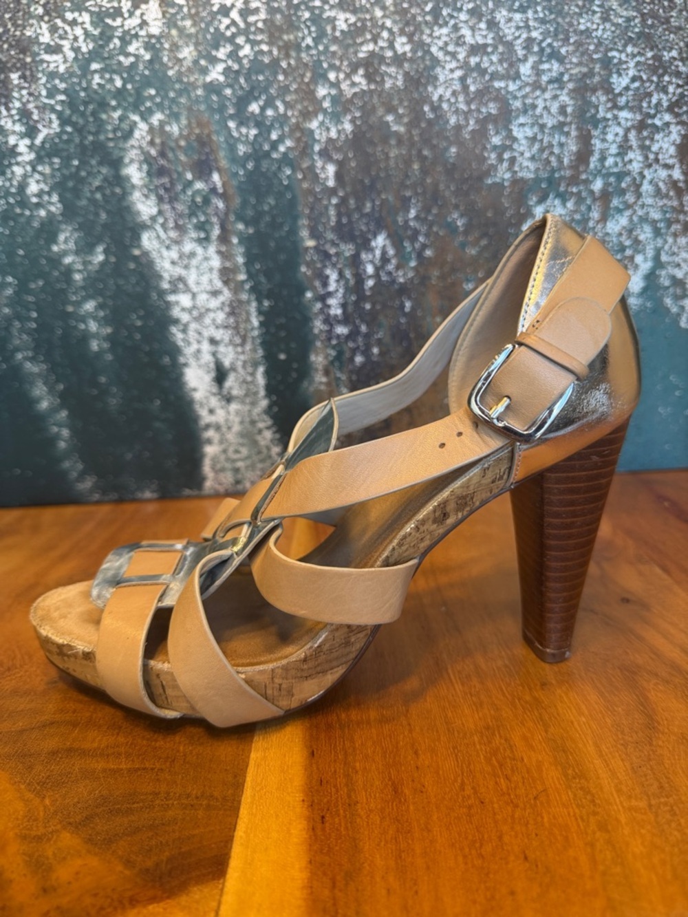 Cole Haan early 2000s Quiet Luxury Leather Cork Platform Heels Tan Silver GUC‎